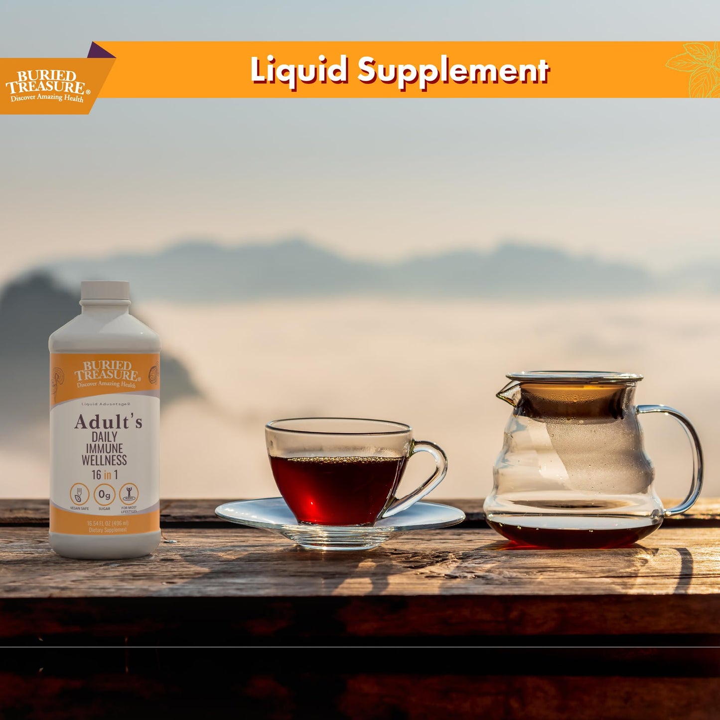 Buried Treasure Adult Daily Immune Wellness 16oz with Dose Cup โ Elderberry, Echinacea, Vitamin C, Zinc & Mushroom Blend