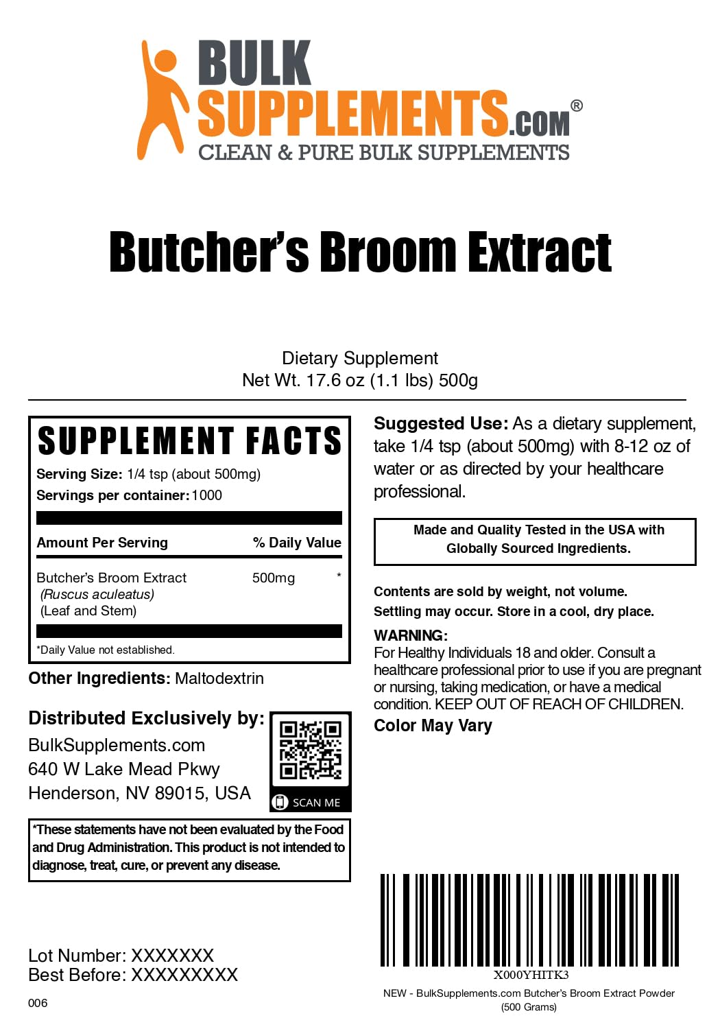 BulkSupplements.com Butcher's Broom Extract Powder โ 500 mg/Serving, 500 g (Vegan & Gluten Free)