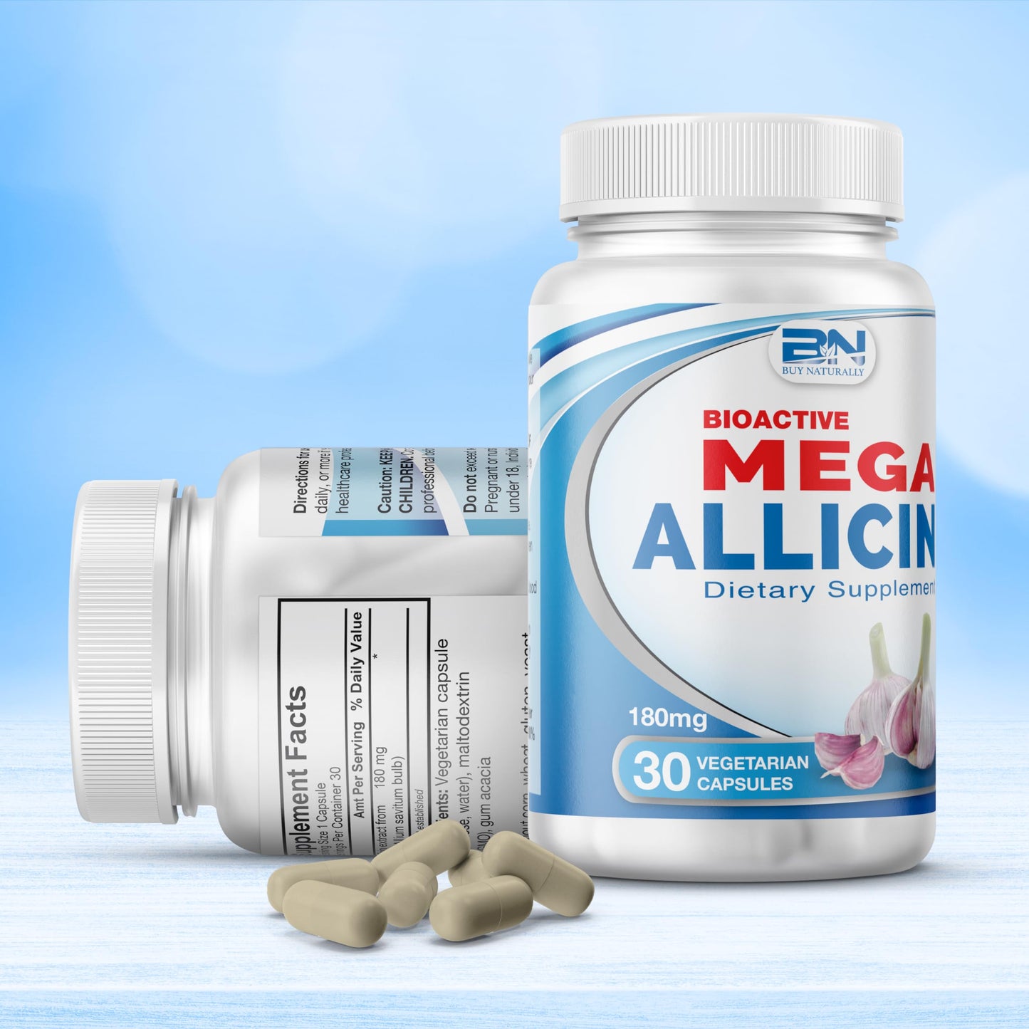 BuyNaturally Mega Allicin 180,000mcg โ Odor-Controlled Garlic (30 Count), Vegan