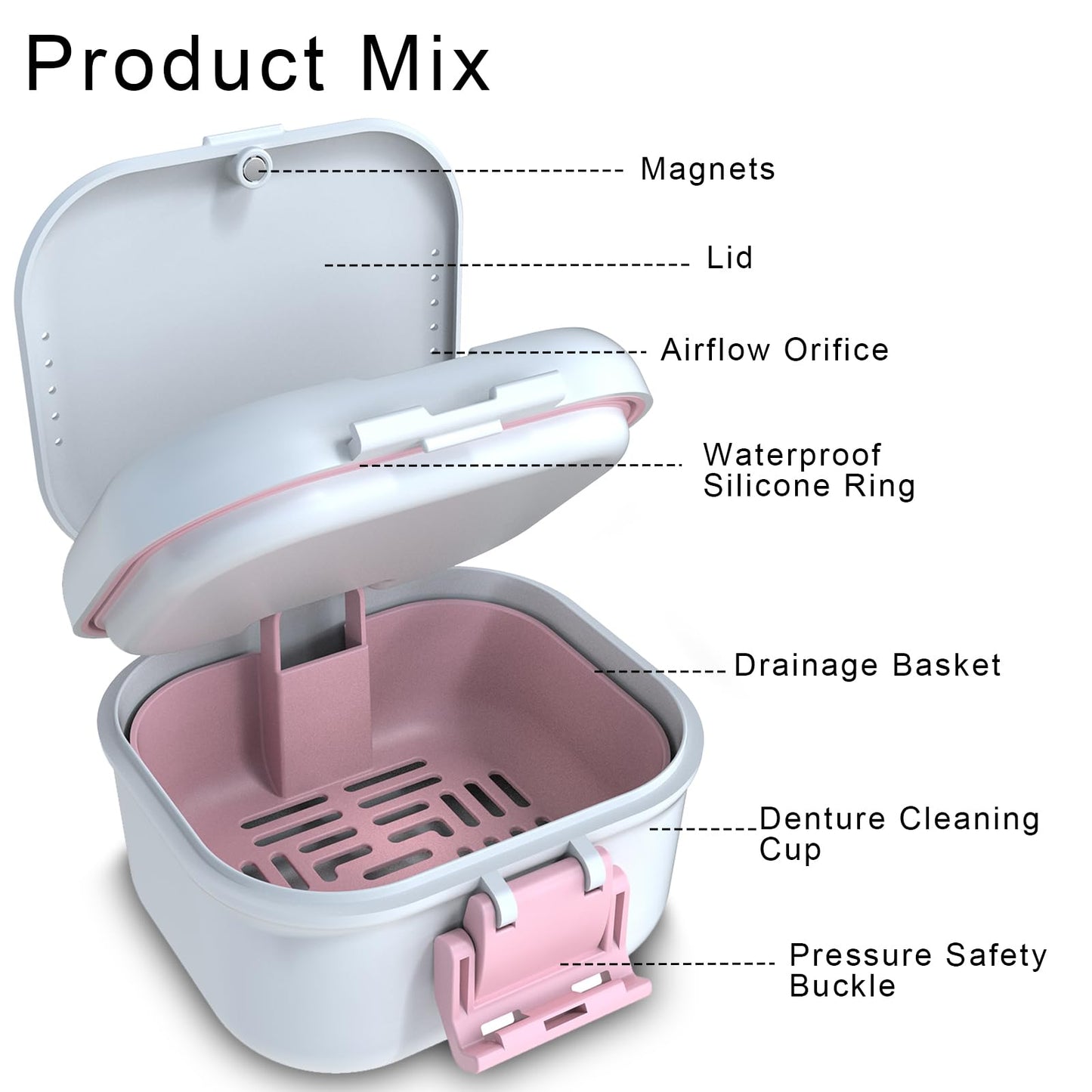 BVN Leakproof Denture Cup โ Upgraded Carrying Storage & Travel Case (White/Pink)