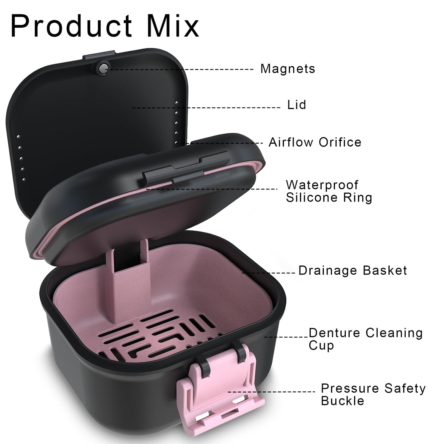 BVN Leakproof Denture Cup with Magnetic Organizer โ Black & Pink