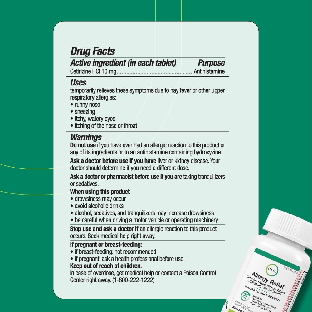 C'rcle Cetirizine HCL 10mg 365 Tablets β Non-Drowsy 24-Hour Allergy Relief