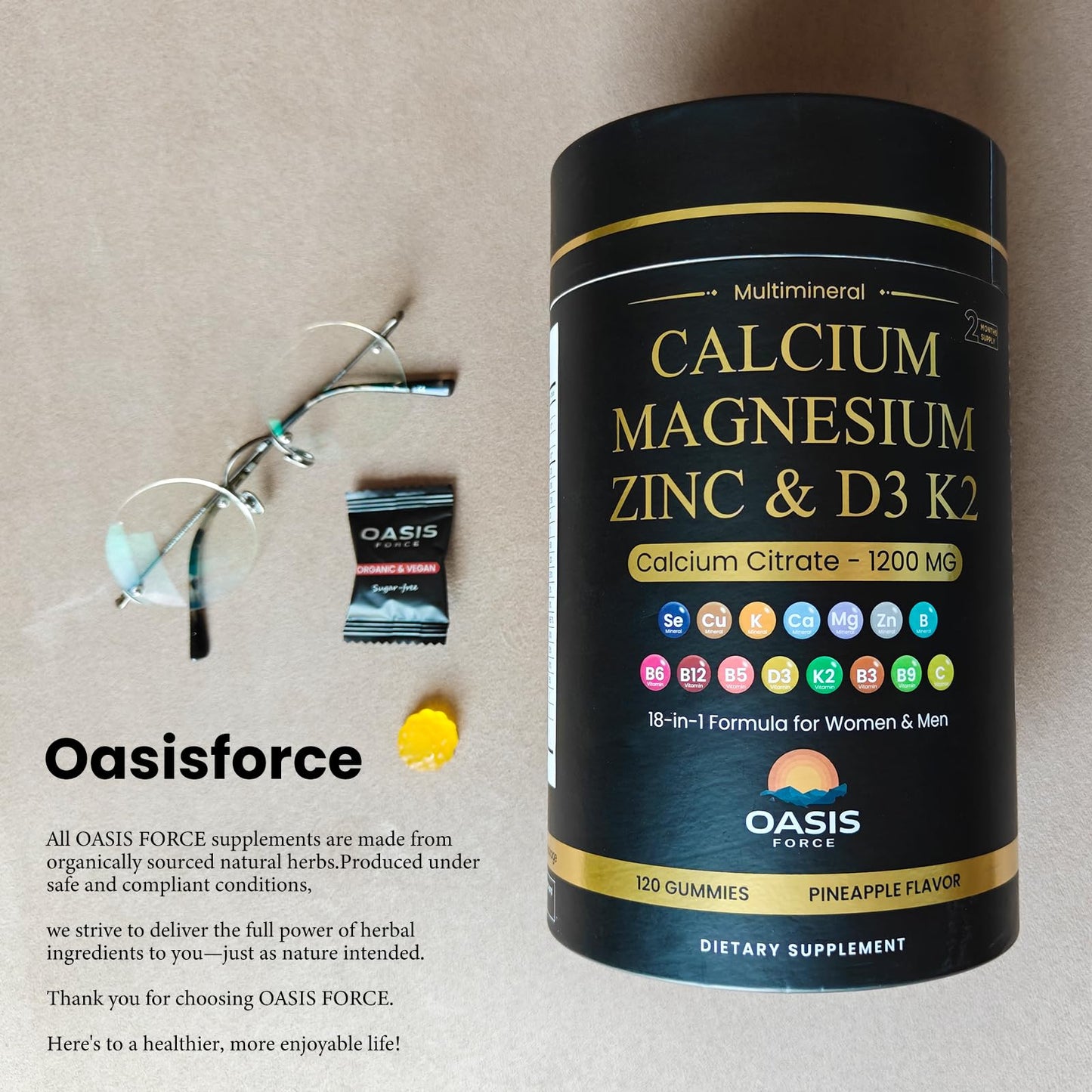 Calcium 1200 mg Gummies with Vitamin D3 & K2 โ Sugar-Free, Vegan