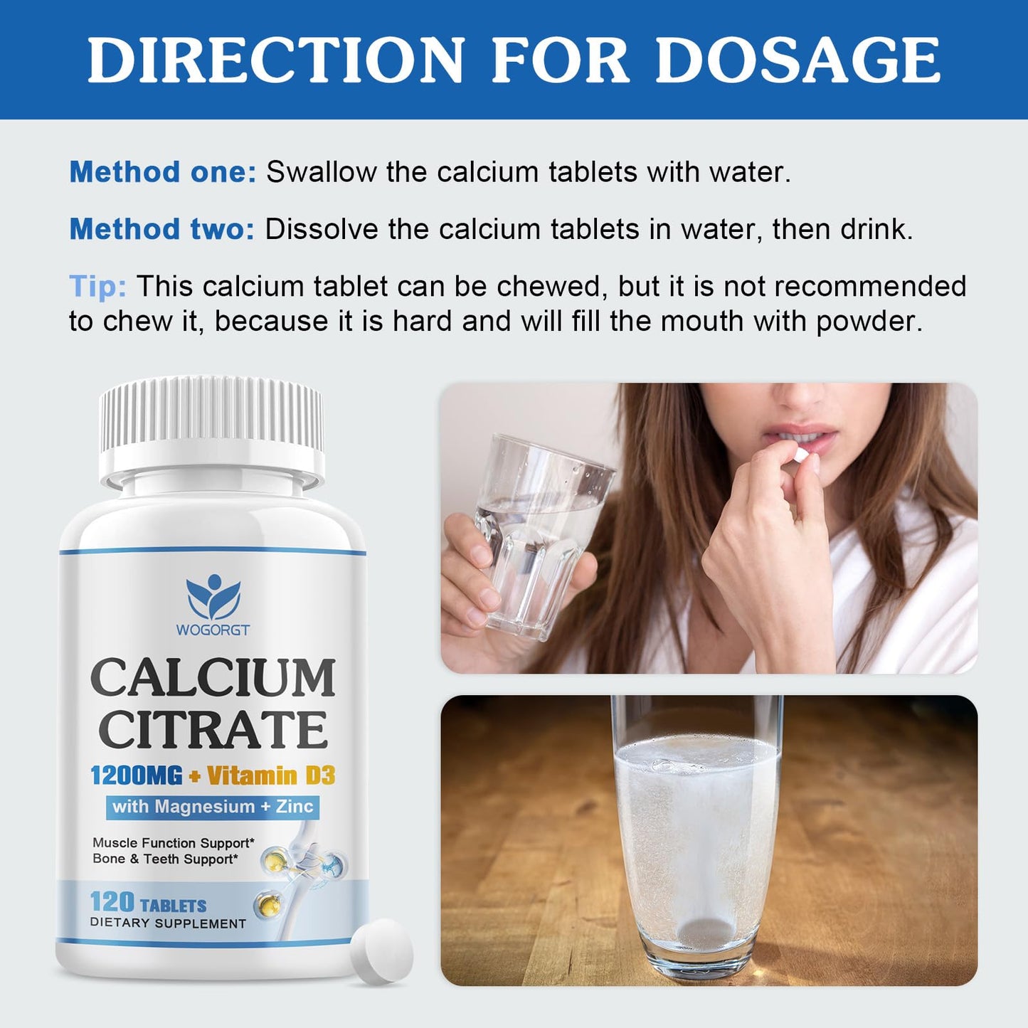 Calcium Citrate 1200mg with Vitamin D3 | Vegan Calcium Magnesium Zinc for Bone & Immune Support โ 120 Tablets