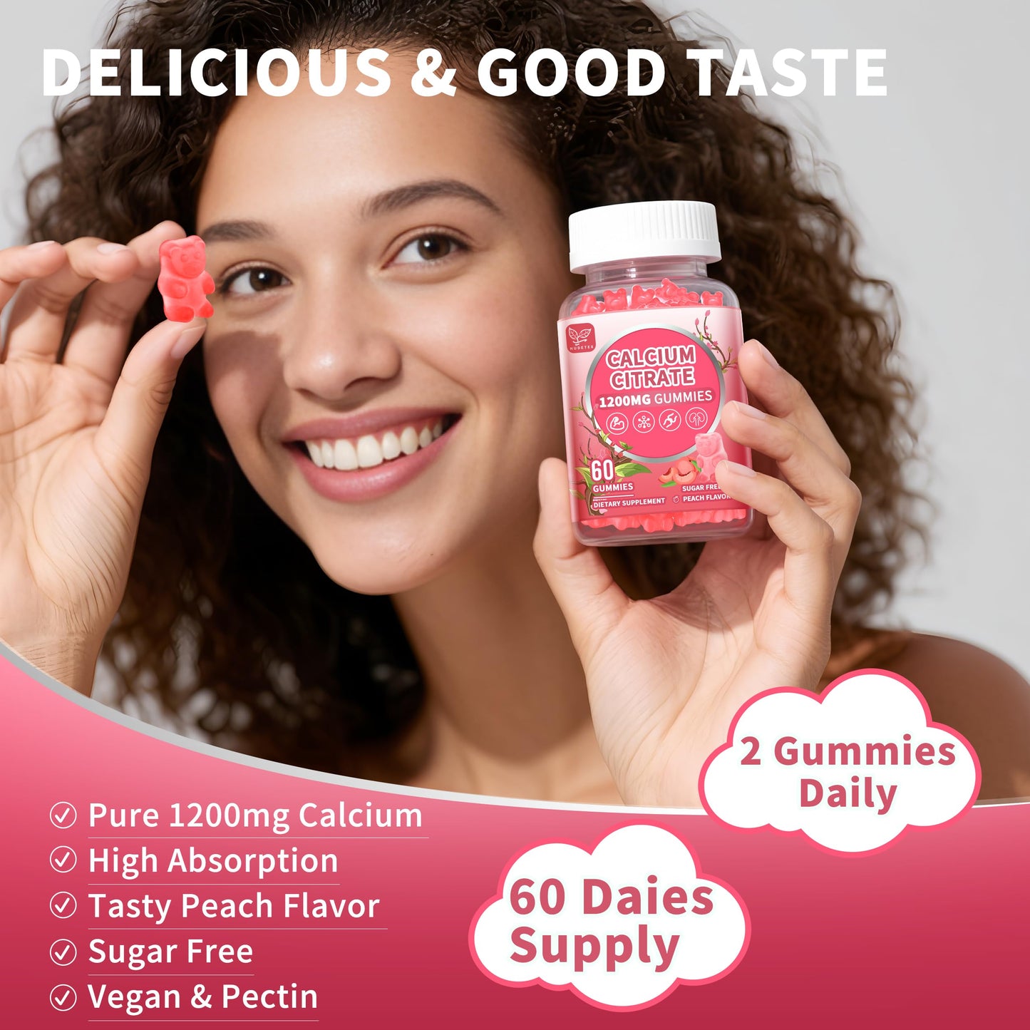 2 Pack Calcium Citrate 1200 mg Gummies โ High Absorption, Sugar Free, Vegan, Peach Flavor