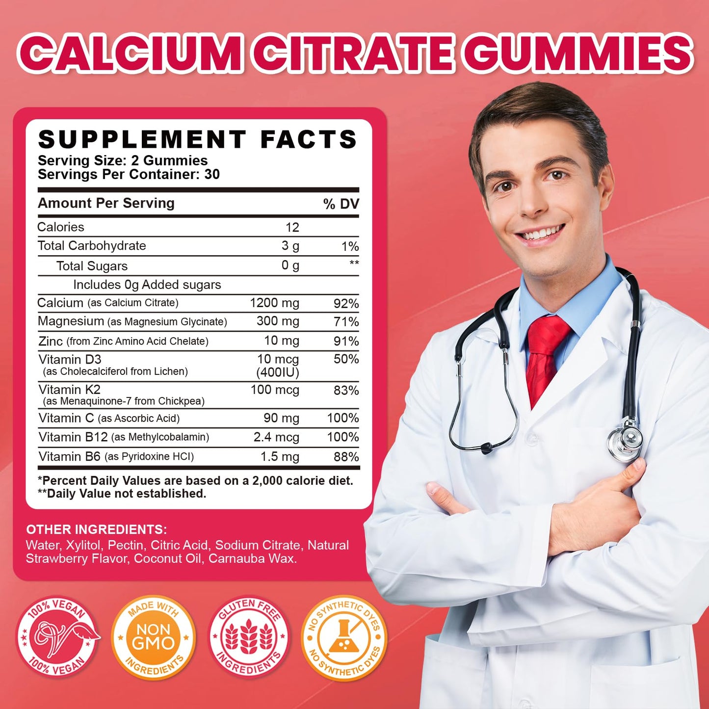 Calcium Citrate Gummies 1200mg with D3, K2 & Zinc โ Strawberry (120 Count)