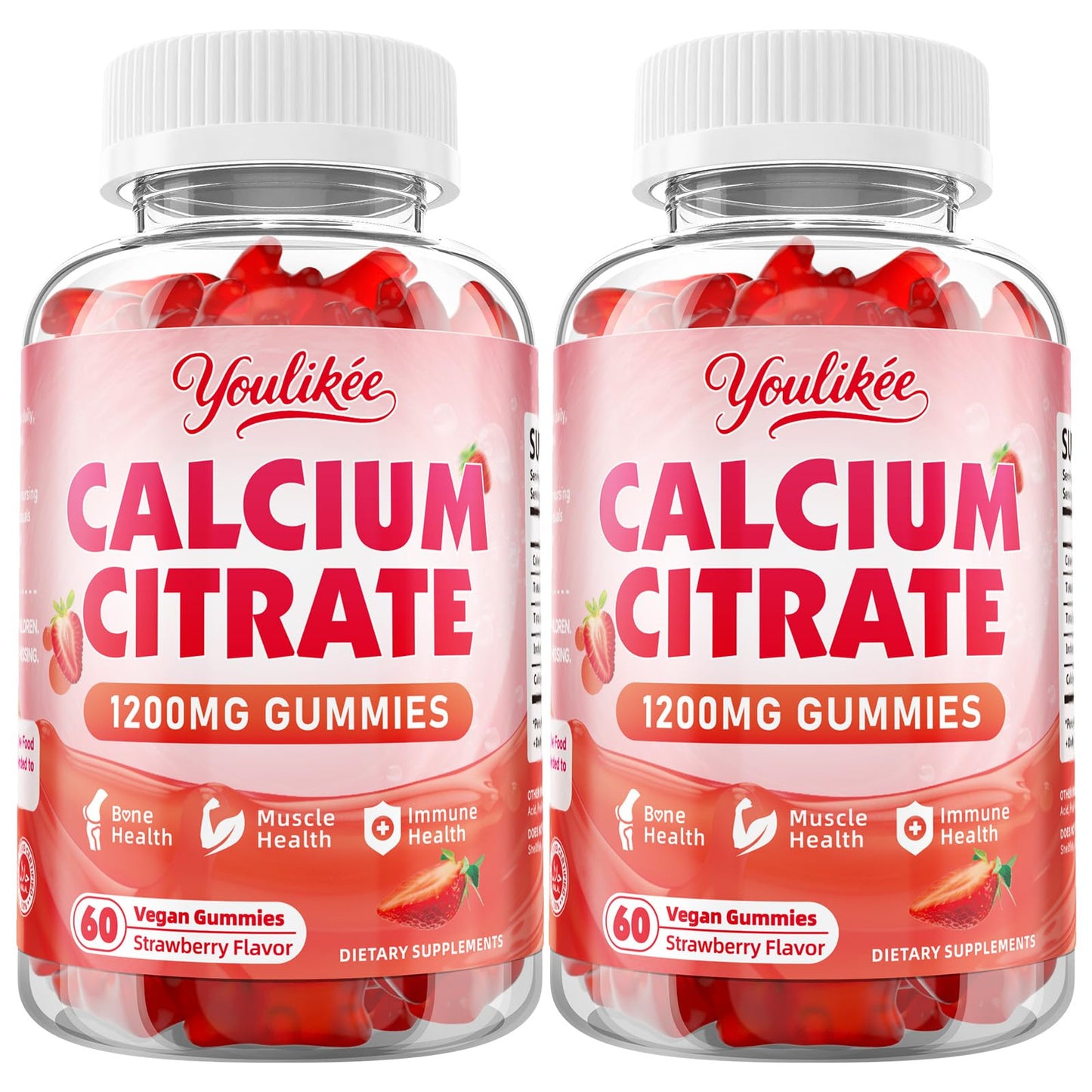 2-Pack Calcium Citrate Gummies 1200mg โ Vegan, Strawberry, 120 Count