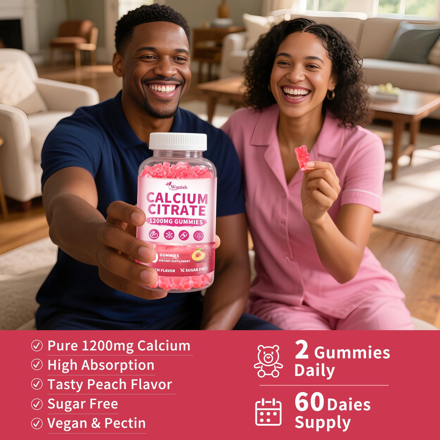 2 Pack 1200 mg Calcium Citrate Gummies โ Sugar Free, Vegan, Peach