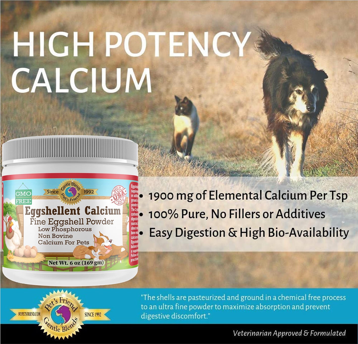Calcium for Dogs and Cats - Eggshell Powder Supplement 6oz | Strong Hips & Joints