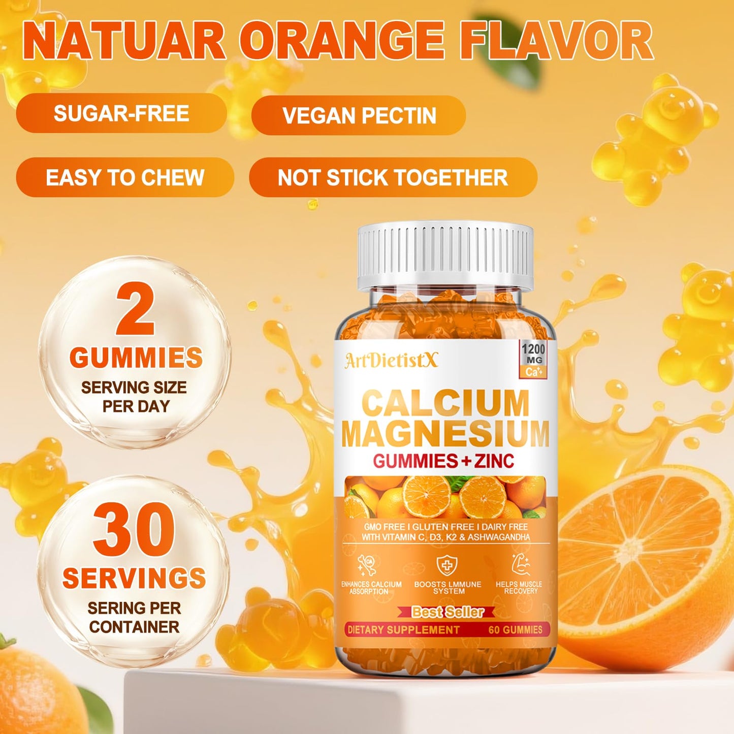 1200mg Calcium Gummies with Vitamin D3 โ Sugar-Free, 60 Count | Magnesium, K2 & Zinc