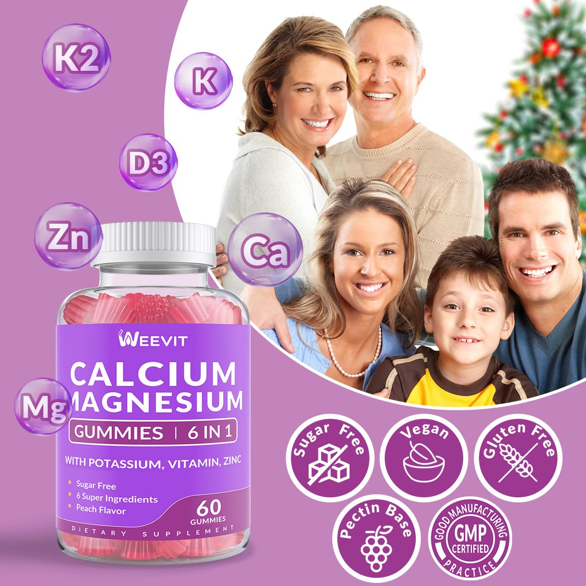 Sugar Free Calcium Gummies with Vitamin D3 & K2 โ Vegan Algae Calcium, Calcium Magnesium Zinc, 2:1 Calcium:Magnesium