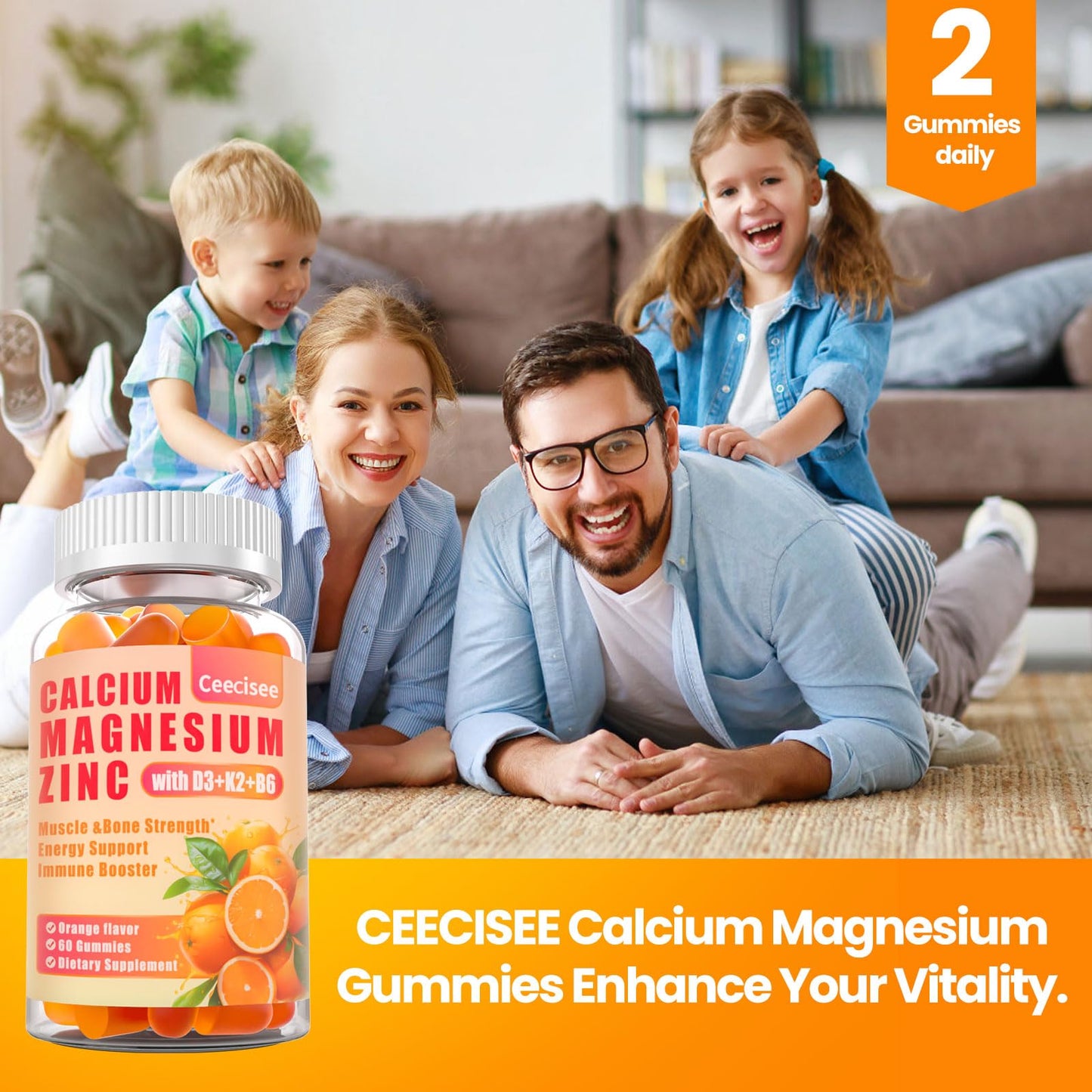Calcium Magnesium Zinc Gummies with D3, B6 & K2 β 1000mg Calcium, 300mg Magnesium, Sugar Free (120 Count)