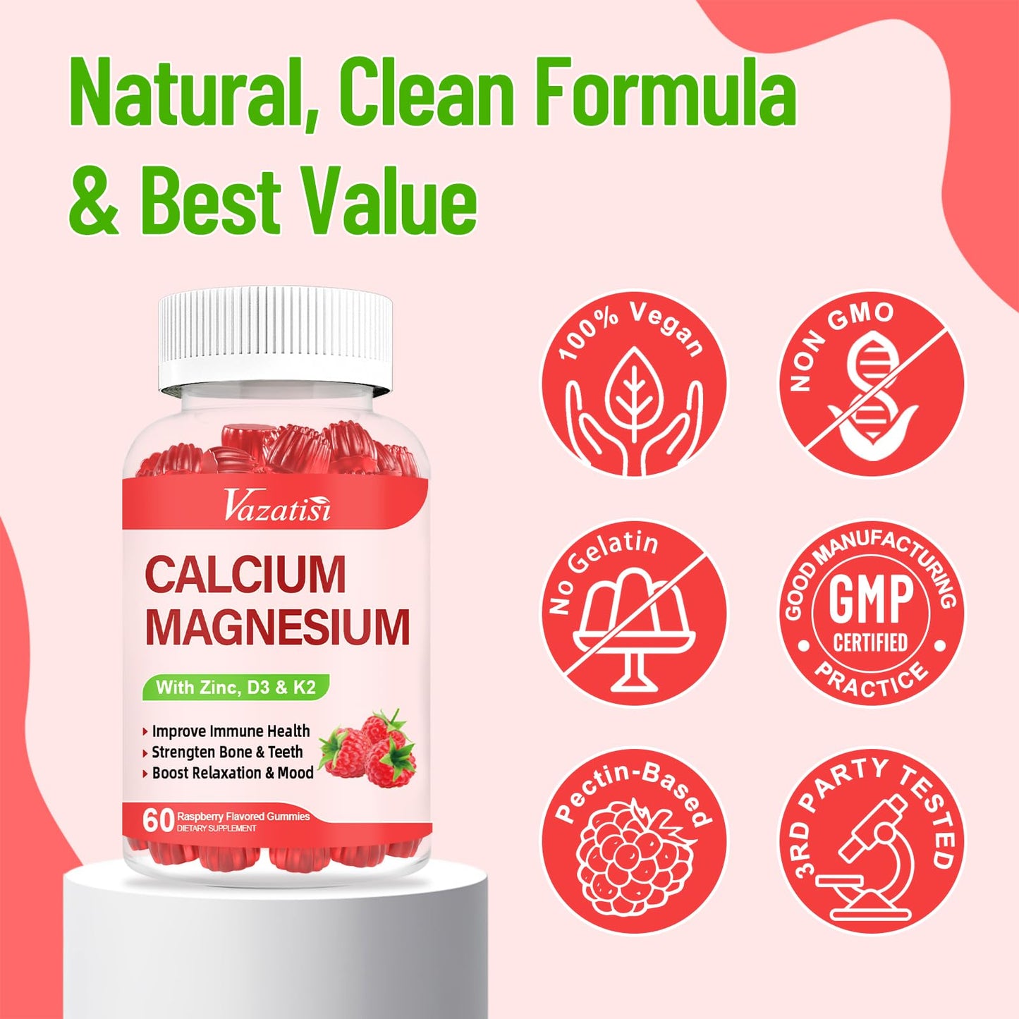 Calcium Magnesium Zinc Gummies with Vitamin D3 & K2 โ Raspberry, 120 Gummies