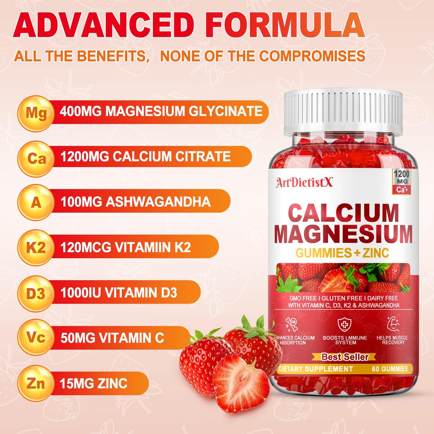 Calcium Magnesium Zinc Gummies with Vitamin D3 โ 1200mg Calcium Citrate for Adults