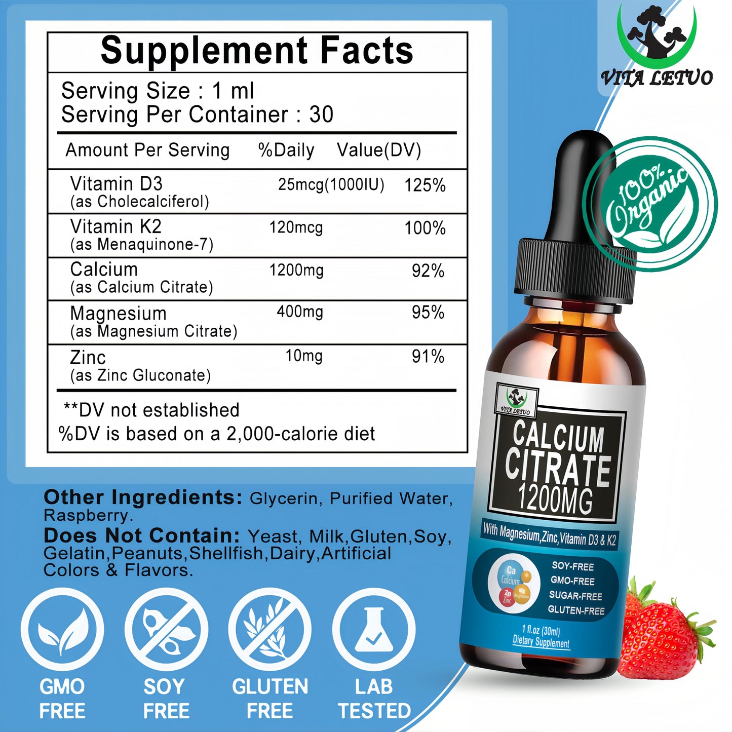 2 Pack Liquid Calcium Drops 1200 mg with Vitamin D3 โ Vegan, High Absorption