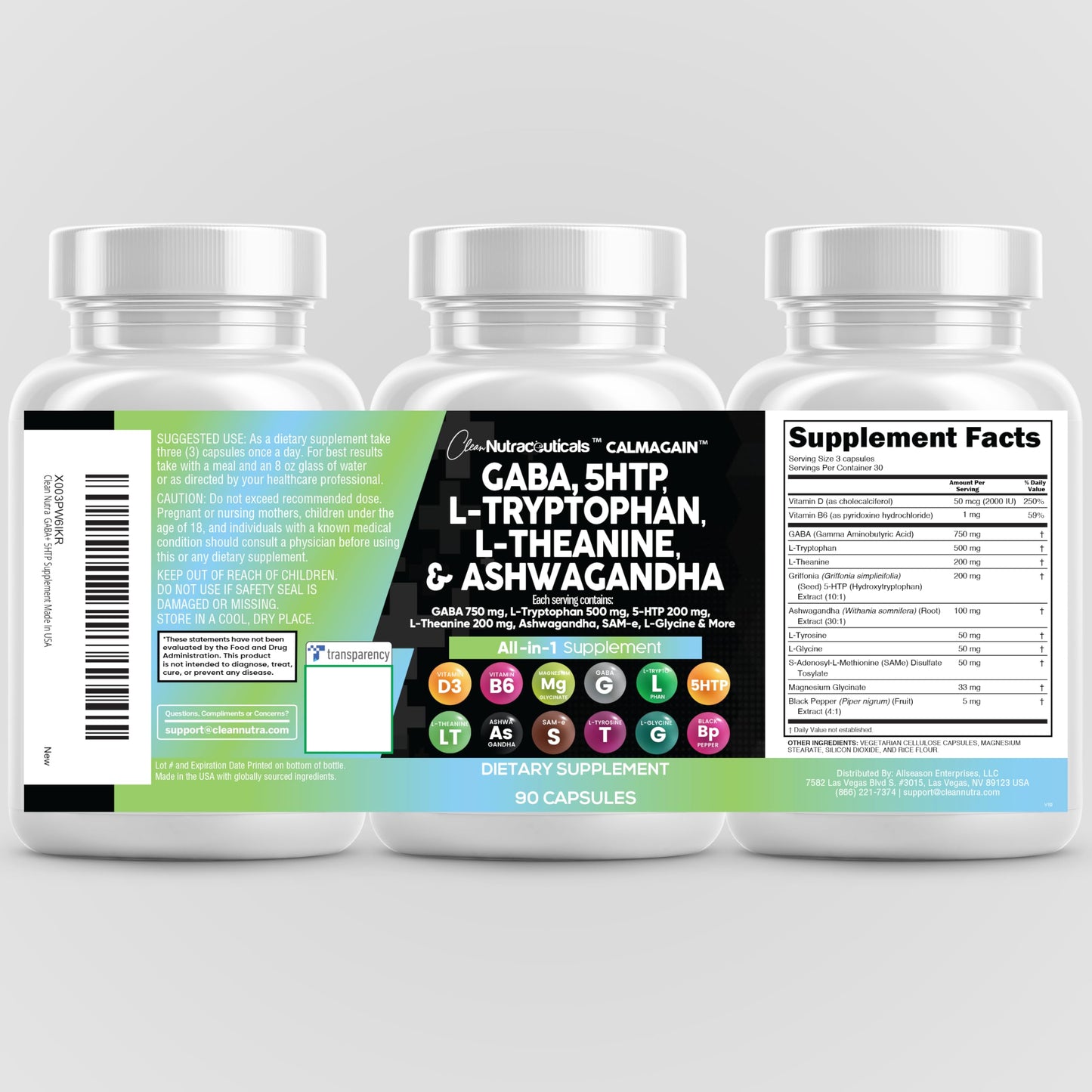Clean Nutraceuticals CalmAgain โ GABA 750mg, 5-HTP 200mg, L-Theanine 200mg Mood Support