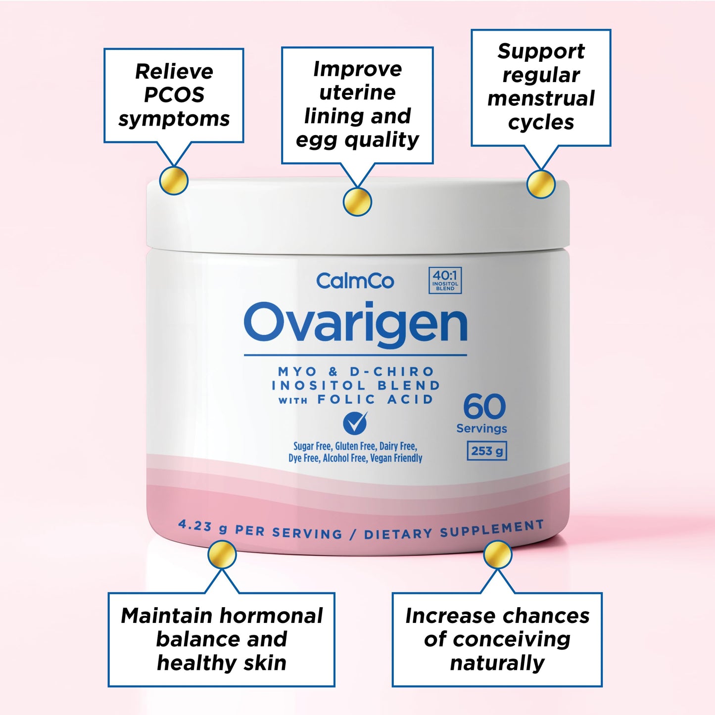 CalmCo Ovarigen Myo & D-Chiro Inositol Blend Powder 40:1 โ 60 Servings for PCOS Support & Hormone Balance