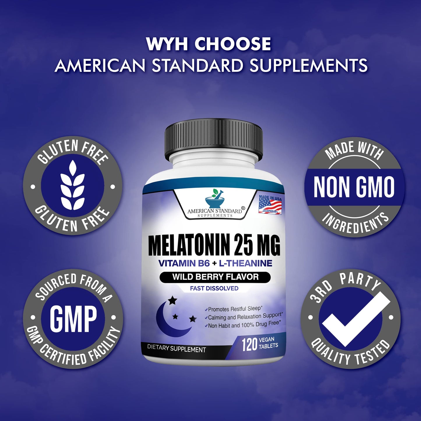 Melatonin 25mg Chewable Tablets with L-Theanine & Vitamin B-6 โ 120 per Pack (Pack of 2) โ Vegan, Non-GMO, Made in USA