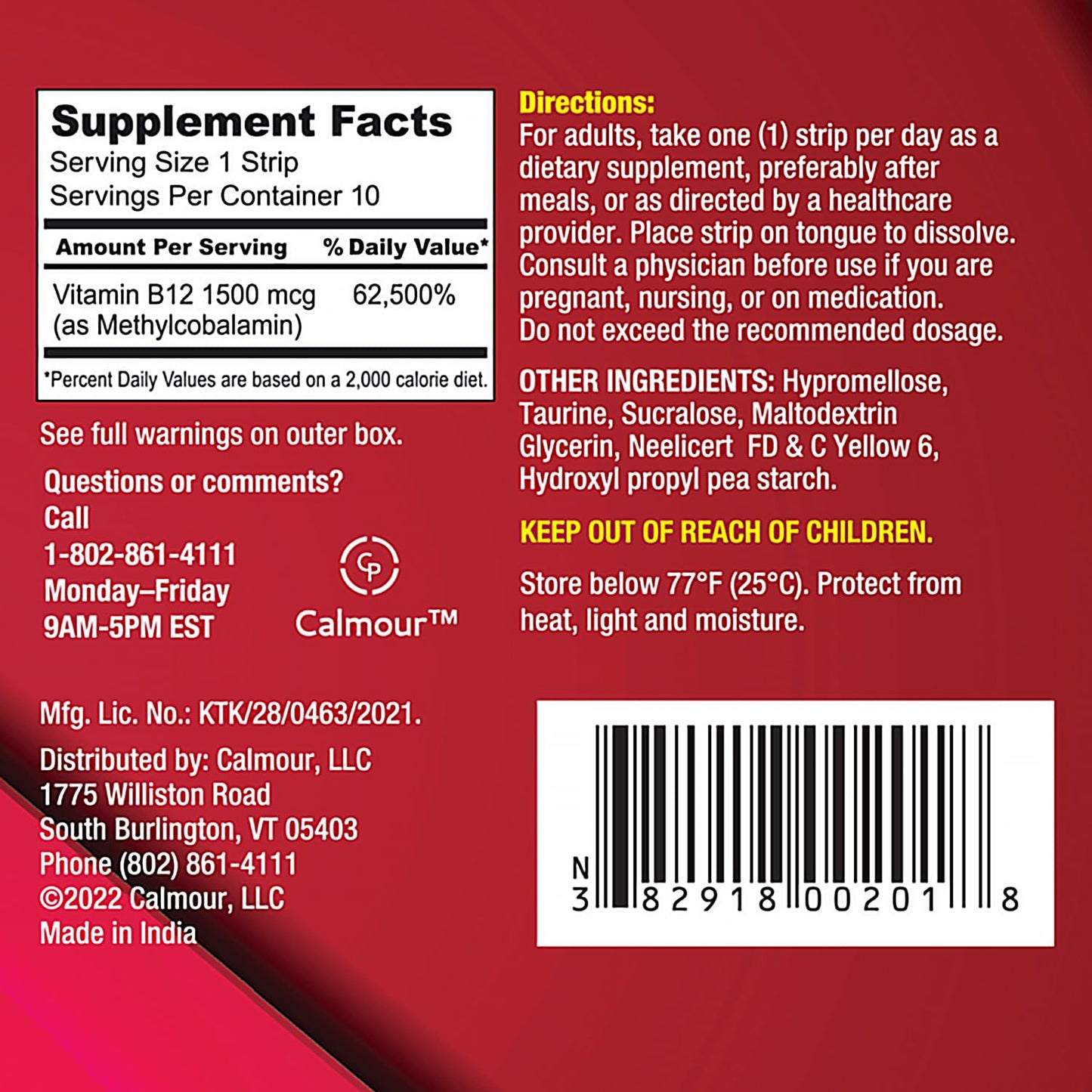 CALMOUR Vitamin B12 Strips 10 Pack โ 1500 mcg, Mint, Vegan & Gluten Free