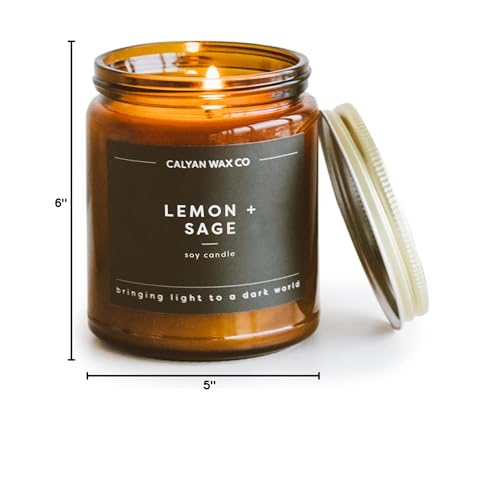 Calyan Wax Co. Lemon & Sage Candle โ 57-Hour Burn, Non-Toxic Soy, Amber Glass Jar 7.2oz