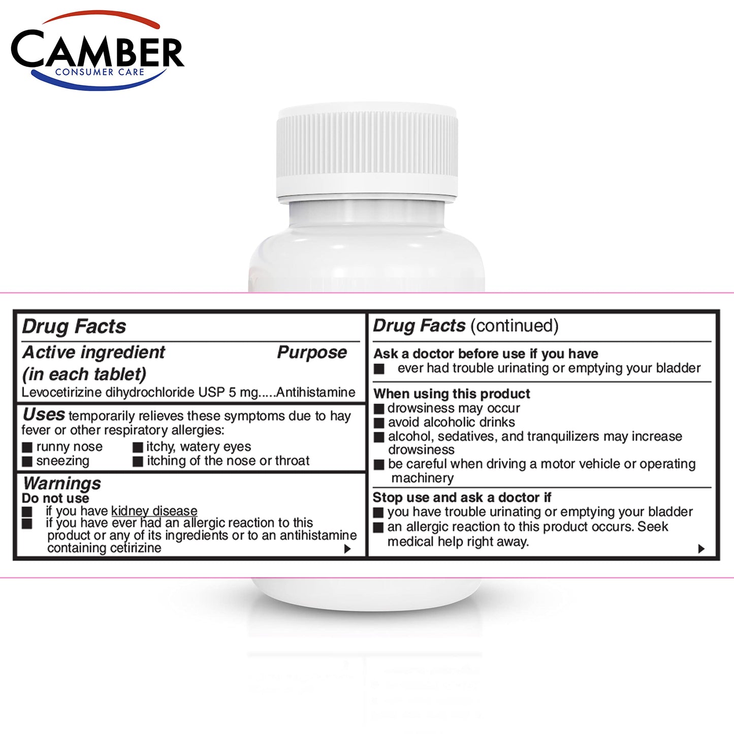 Camber Consumer Care Levocetirizine Dihydrochloride 5mg Tablets β All-Day Allergy Relief (180 Count)