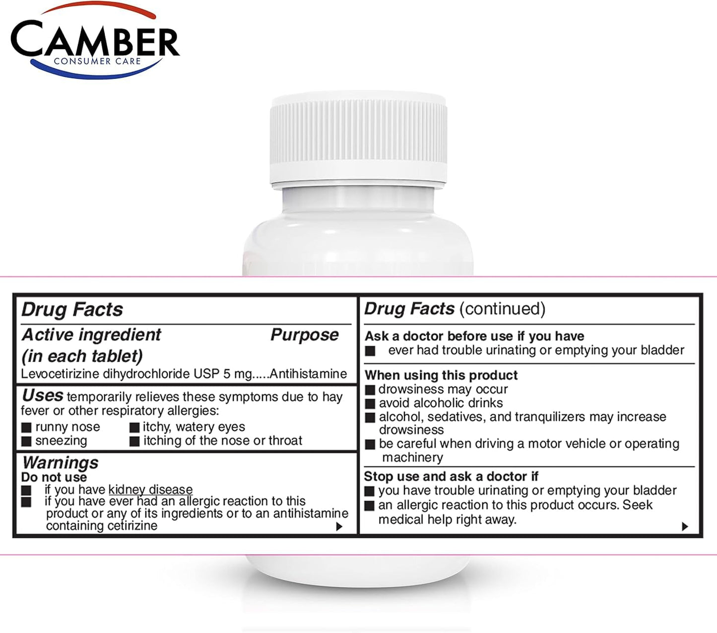 Camber Consumer Care Levocetirizine Dihydrochloride 5mg Tablets β 24-Hour Allergy Relief (80 Count) Compare to Xyzal