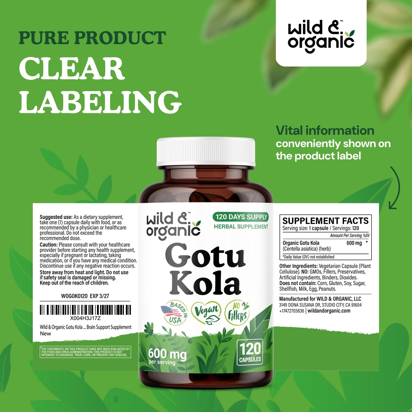 Wild & Organic Gotu Kola Capsules 600 mg โ Brain & Focus Support | 120-Count, Vegan, Non-GMO