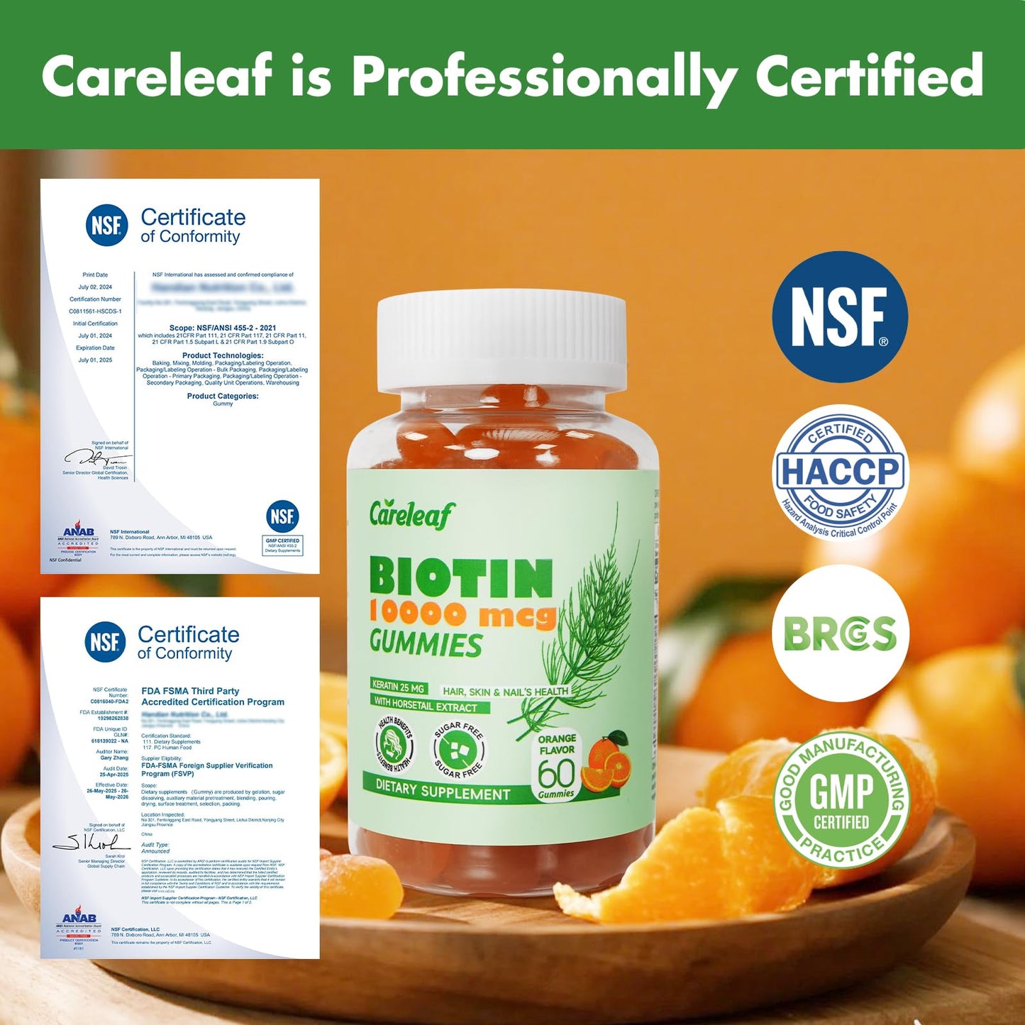 Careleaf Biotin Gummies โ 10000 mcg Biotin for Hair Growth, Nails & Skin | 60 Count, Orange