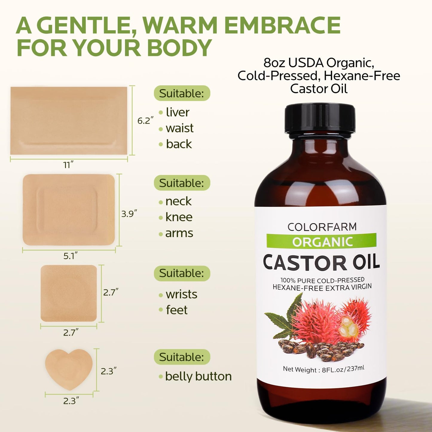 40 Pcs Castor Oil Pack Wrap โ Organic Cold-Pressed Castor Oil, 8oz + Patches