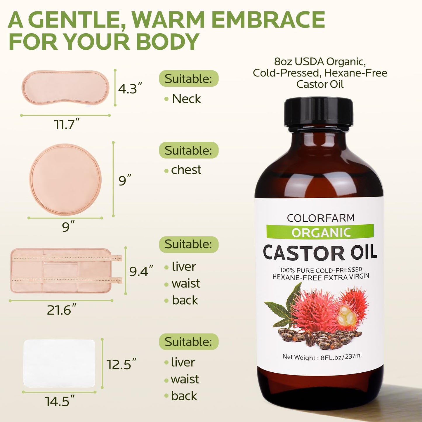 6 Pcs Castor Oil Pack Wraps โ Organic Cold-Pressed Castor Oil 8oz with Reusable Pads