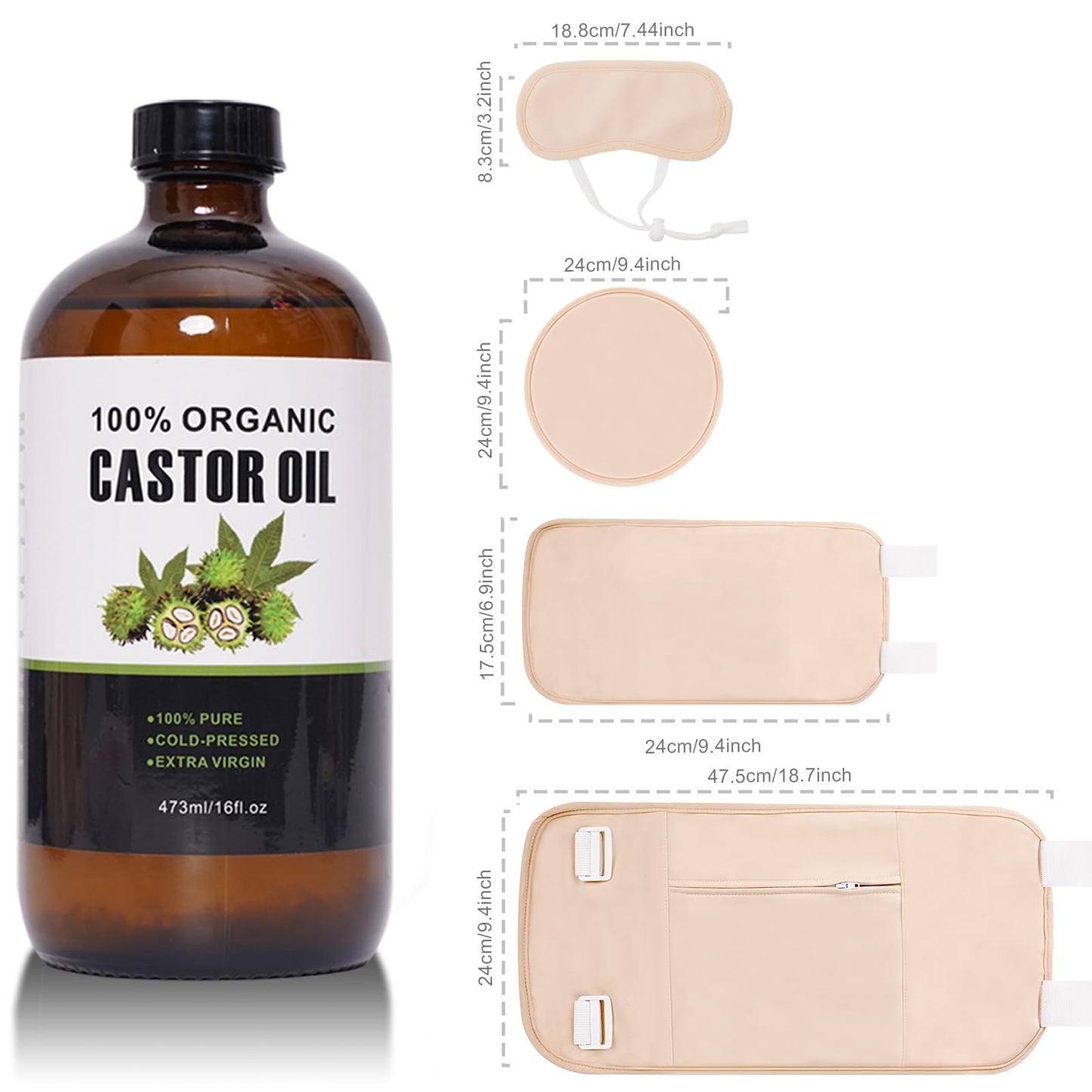 Castor Oil Organic Cold Pressed Unrefined โ Glass Bottle 16oz/473ml | 6-Piece Castor Oil Pack Kit