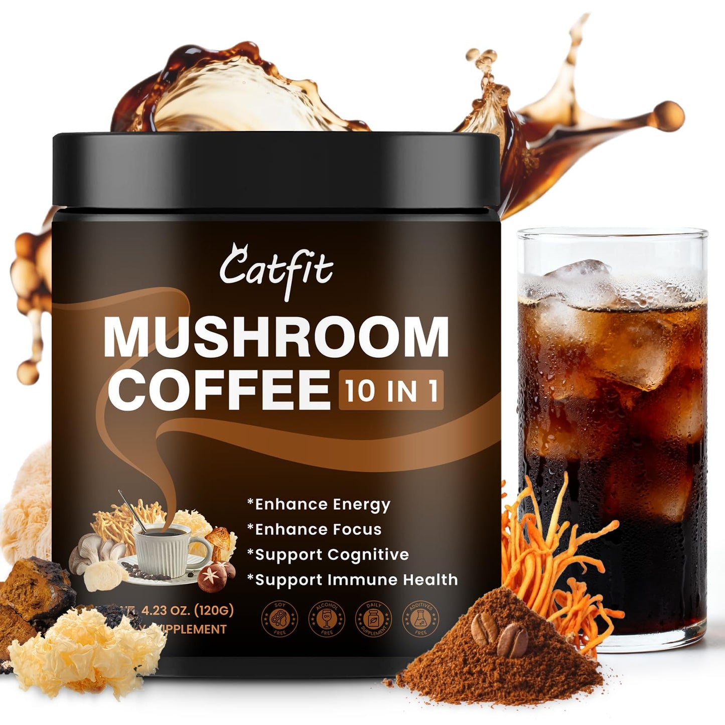 Catfit Mushroom Coffee Powder โ 10-Mushroom Blend with Lion's Mane, Chaga, Cordyceps | 37 Servings