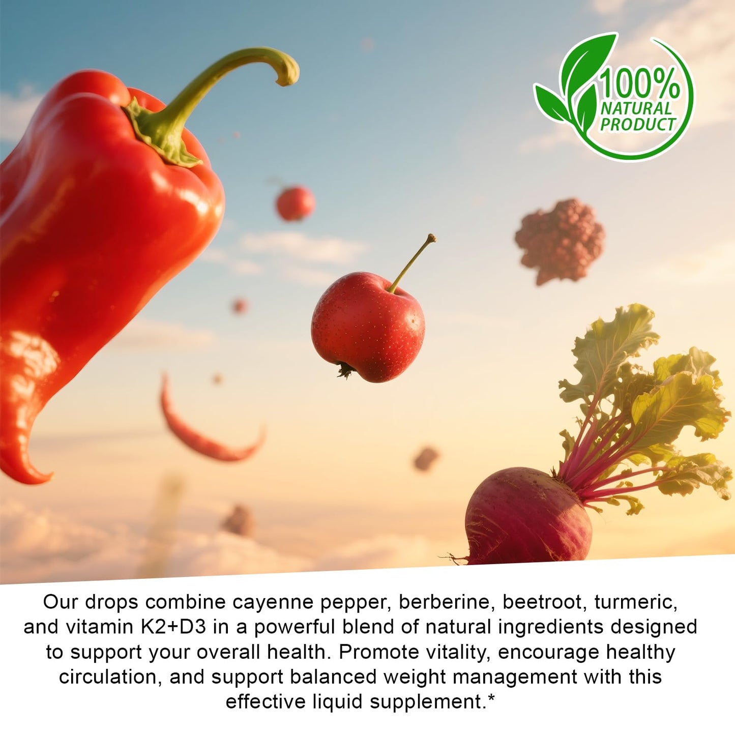 Cayenne Pepper Drops Supplement โ Organic Extract with Hawthorn, Beetroot, Vitamin K2 & D3 (2 fl oz)