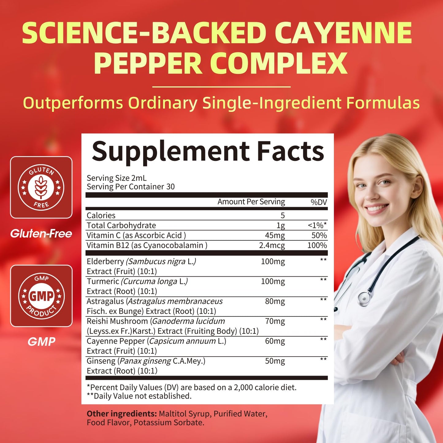 Cayenne Pepper Drops 8-in-1 Complex | Berry Flavor, 2 oz โ Elderberry, Turmeric, Ginseng, Vitamin C & B12