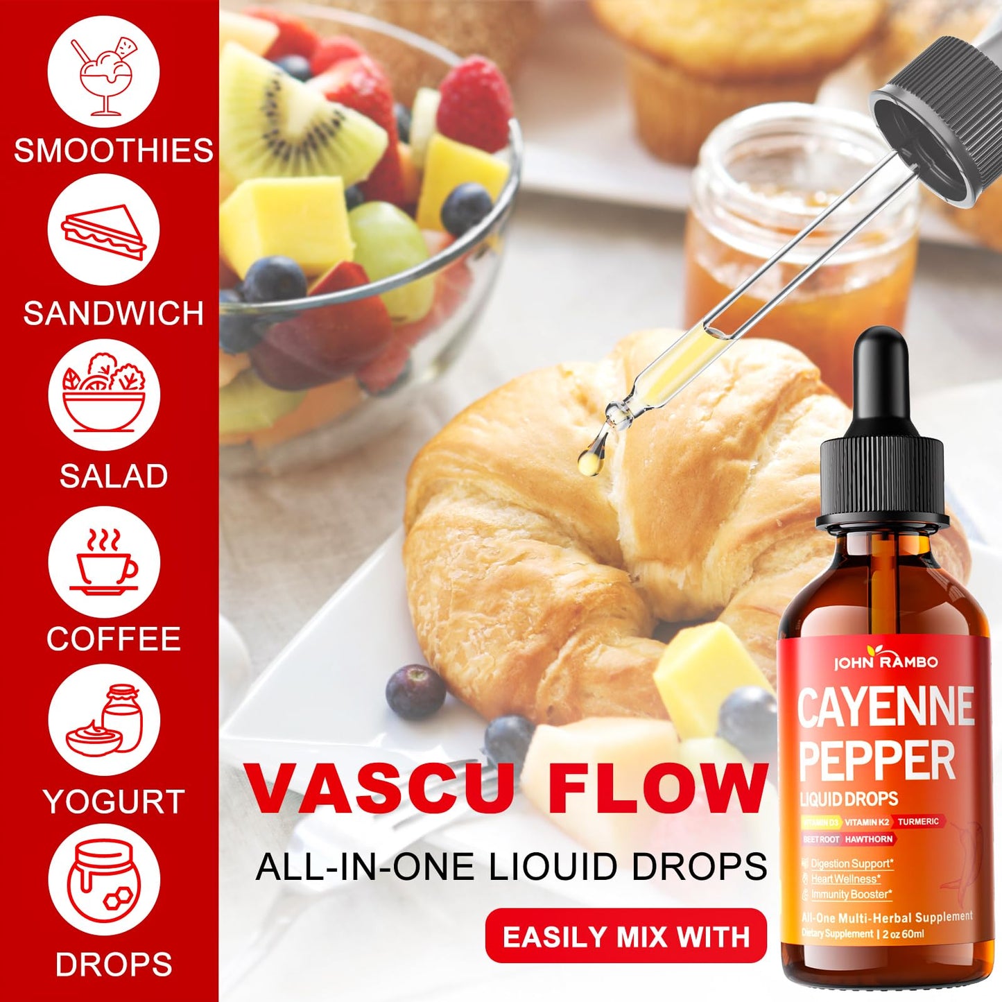 Cayenne Pepper Liquid Drops with Hawthorn, Beetroot, Turmeric, Vitamin K2 & D3 โ Immune & Circulation Support (Gluten Free, 2 Fl Oz)