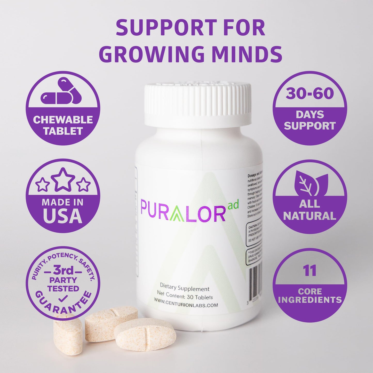 Centurion Premium Puralor AD – Kid Cognitive & Focus Supplement (30 Chewable Tablets)