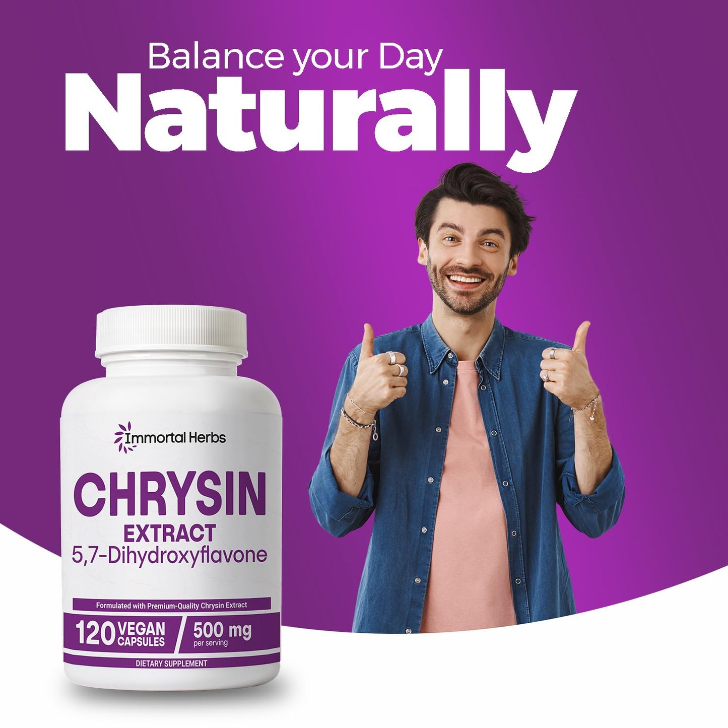 Immortal Herbs Chrysin 500mg โ 120 Vegan Capsules | Non-GMO & Gluten-Free