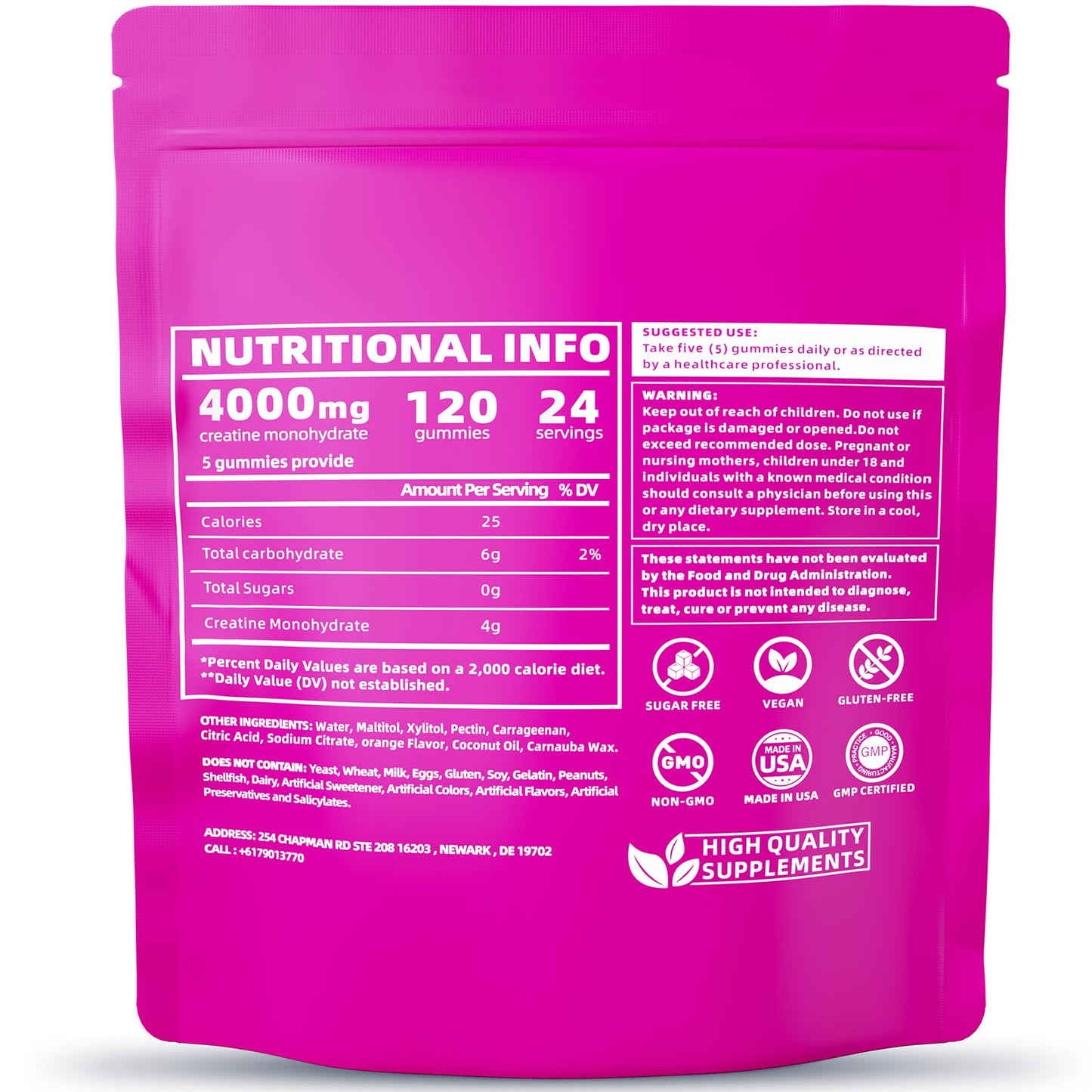 Creatine Monohydrate Gummies Sugar Free โ Watermelon (120 count) | Pre-Workout for Men & Women