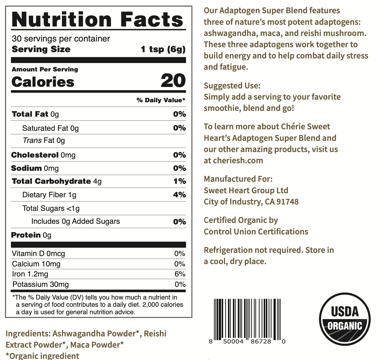 Cherie Sweet Heart Adaptogen Super Blend โ Organic Maca, Reishi, Ashwagandha (6 oz)