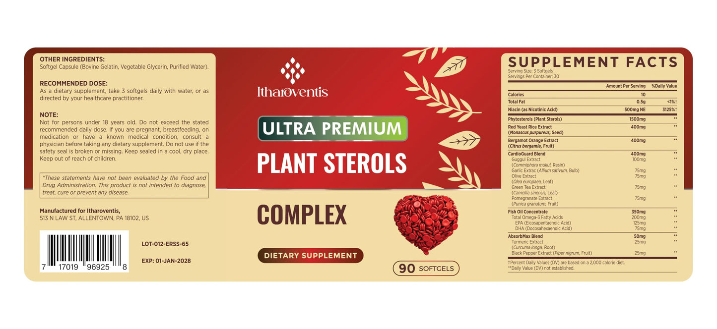 Cholesterol Supplements with Plant Sterols, Niacin, Red Yeast Rice, Bergamot, Omega-3 & Garlic - Advanced Absorption Formula - 90 Softgels