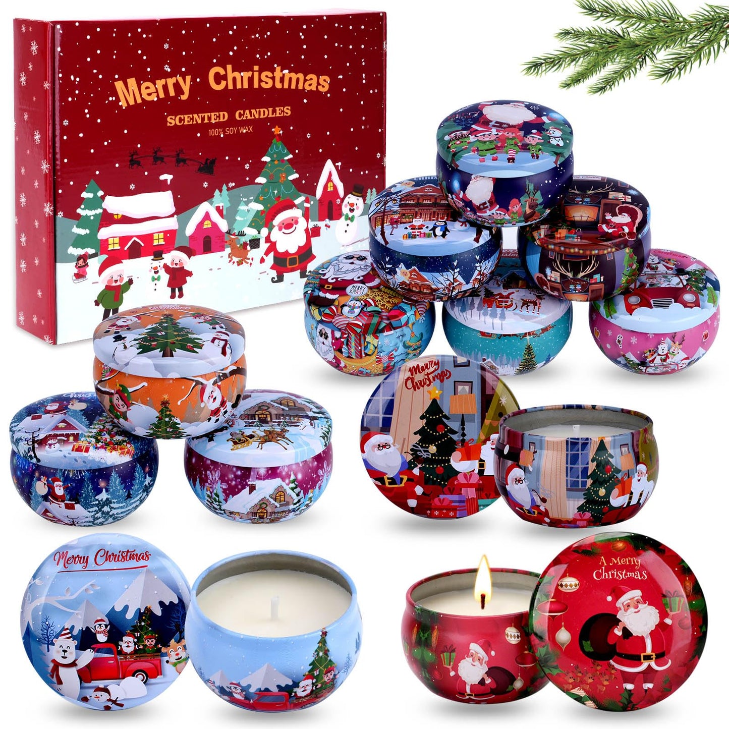 Christmas Scented Candles Gift Set โ 12x3oz Soy Wax Travel Tin Aromatherapy Candles for Women