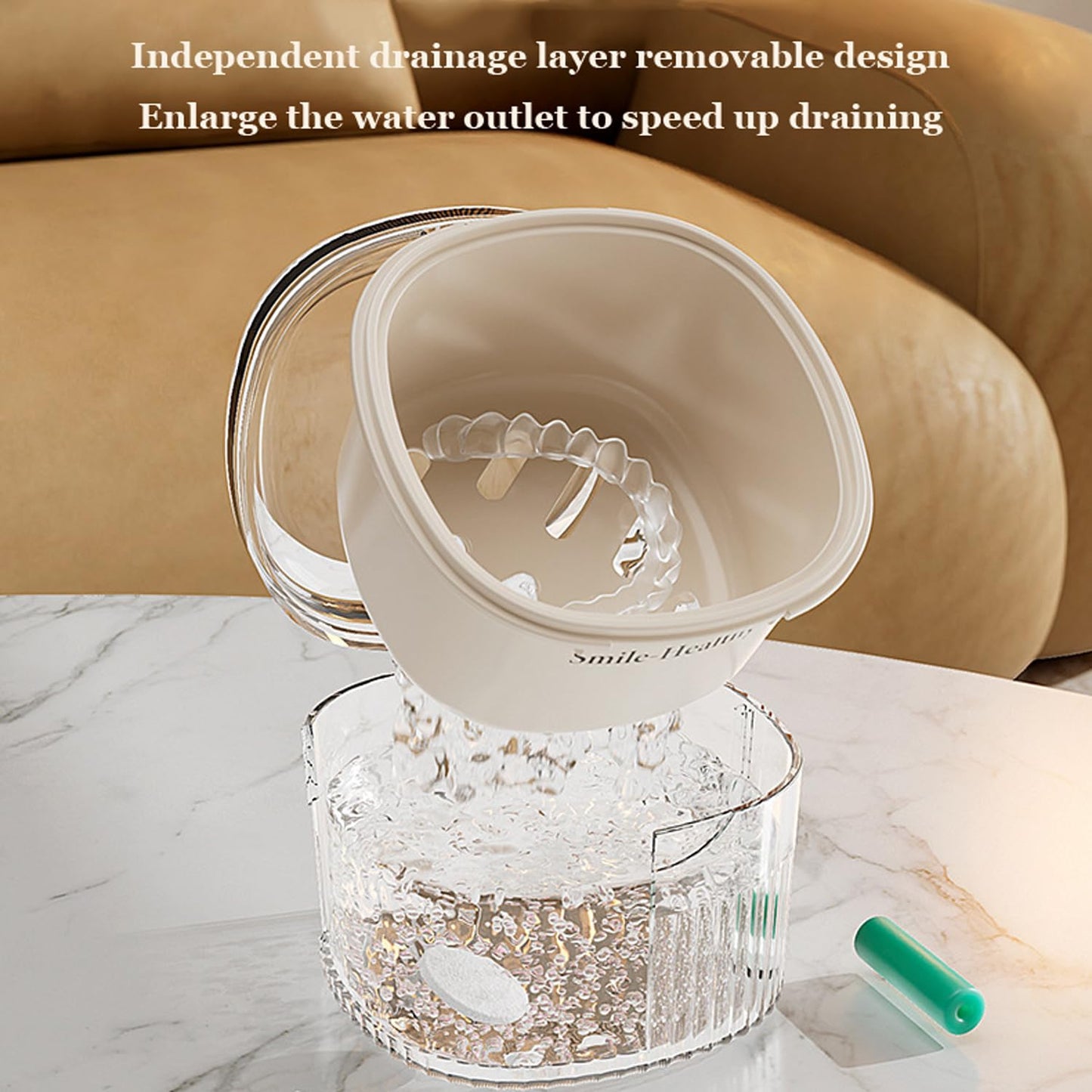 CINMAUNG Denture Case & Cleaner Cup โ Travel Soak Container with Strainer Basket (White)