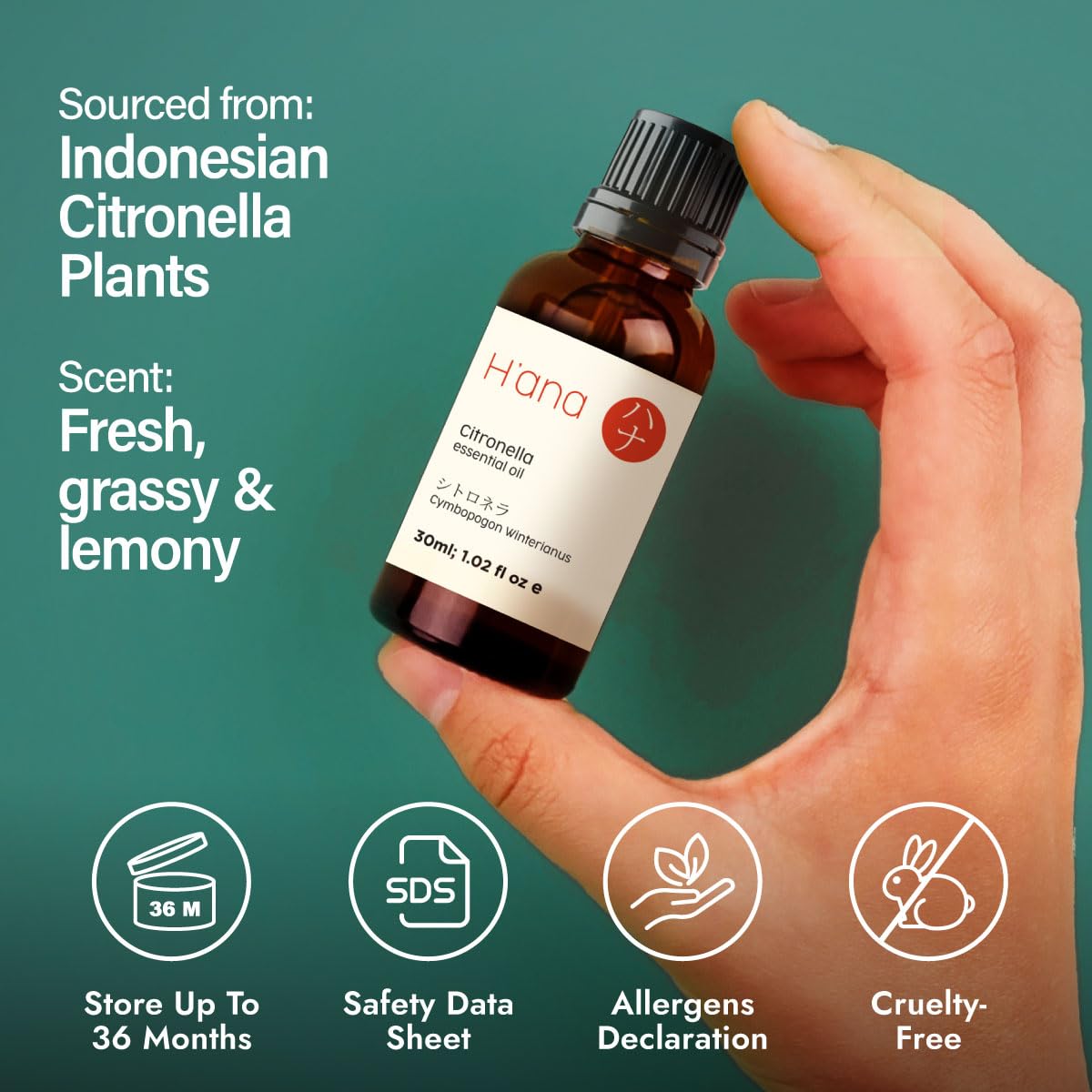 H'ana Citronella Essential Oil - 1.02 fl oz | Hair, Skin, Diffuser