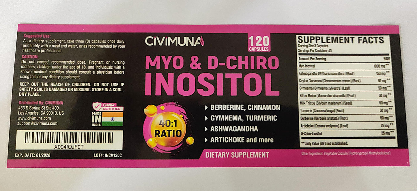CIVIMUNA Inositol Supplement โ Myo-Inositol & D-Chiro-Inositol with Ashwagandha, Cinnamon, Berberine โ 120 Capsules