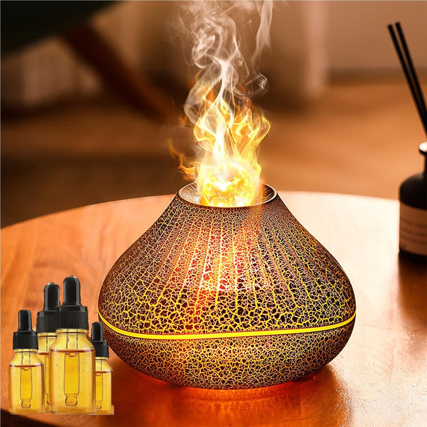 CJC Essential Oil Volcano Diffuser โ LED Flame, 7-Color Lights, Quiet Mist, Auto-Off, 160ml with 4 Oils