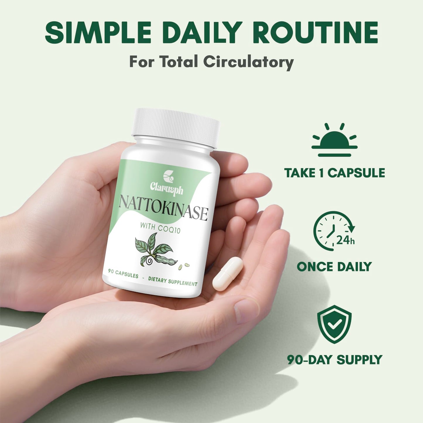 Clarusph Nattokinase Supplement for Circulation โ 8000 FU + CoQ10, 90 Capsules, Gluten-Free