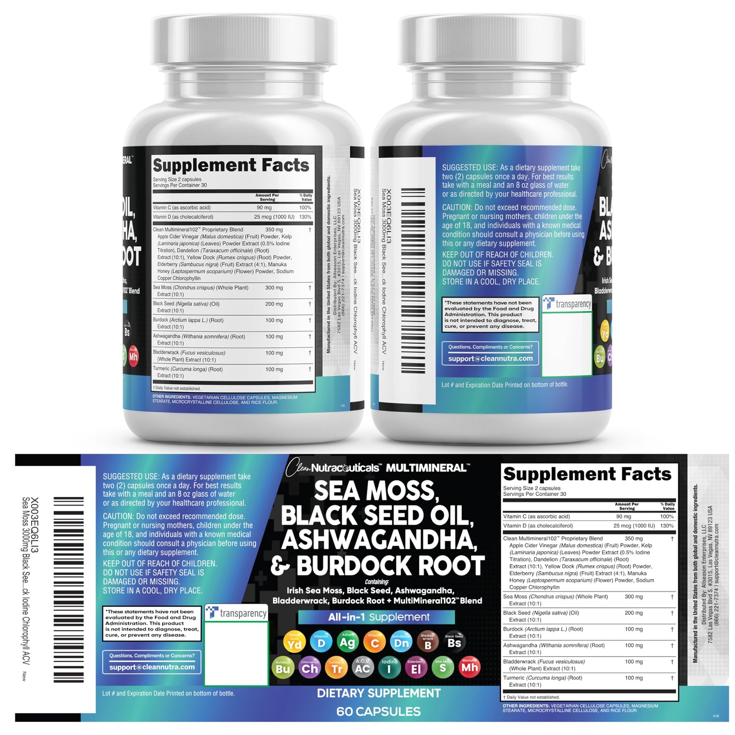Clean Nutraceuticals Sea Moss & Black Seed Oil 15-in-1 with Ashwagandha, Turmeric, Vitamin C & D3