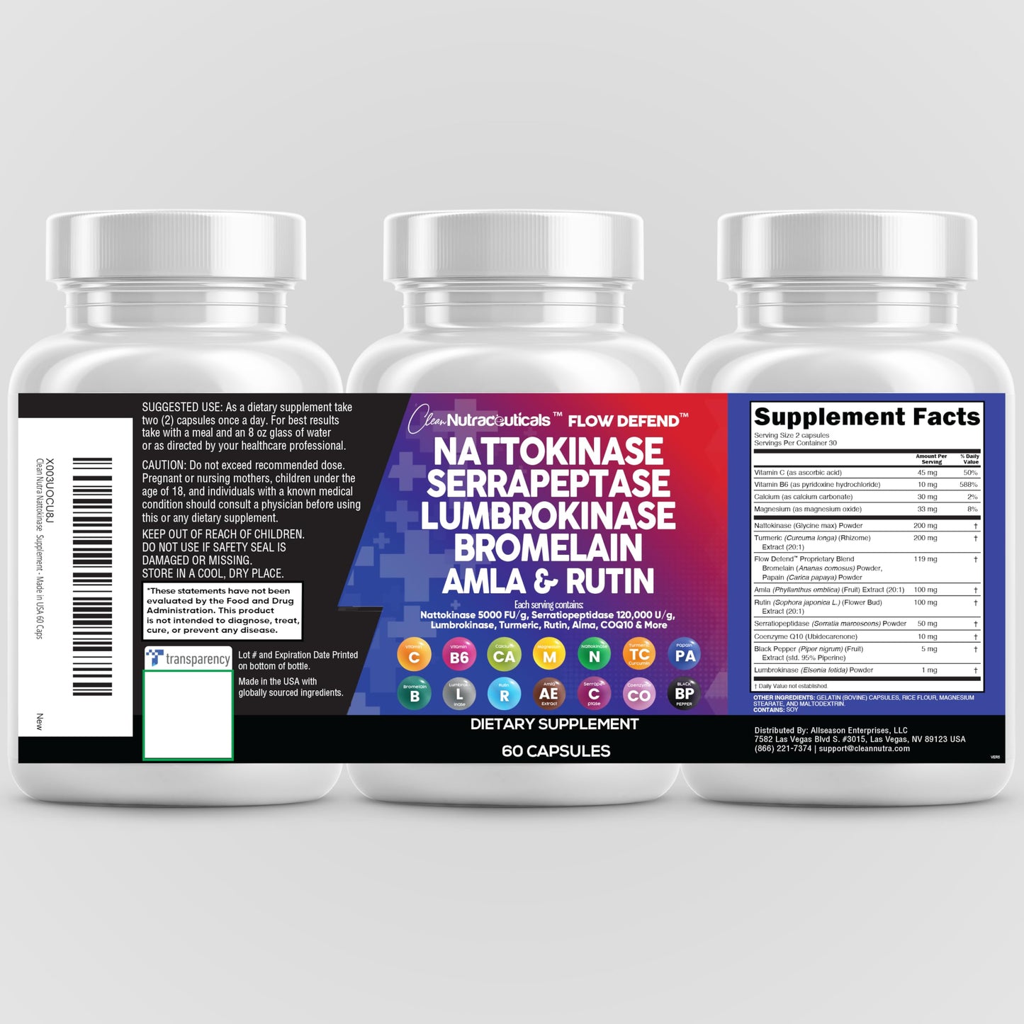 Clean Nutraceuticals Nattokinase 4000 FU & Serrapeptase 120000 SPU โ Lumbrokinase Enzyme Supplement with Bromelain, Papain & Vitamins