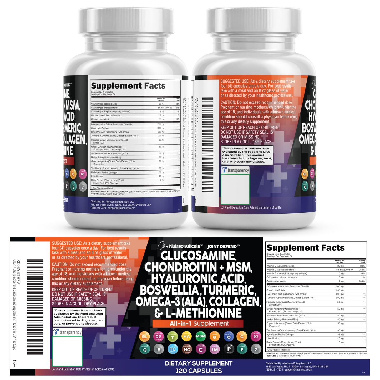 Clean Nutraceuticals Joint Defend β 15-in-1 Joint Health Capsule (Glucosamine 1500mg, Turmeric Curcumin, MSM, Collagen, Hyaluronic Acid, Omega-3) Pack of 2