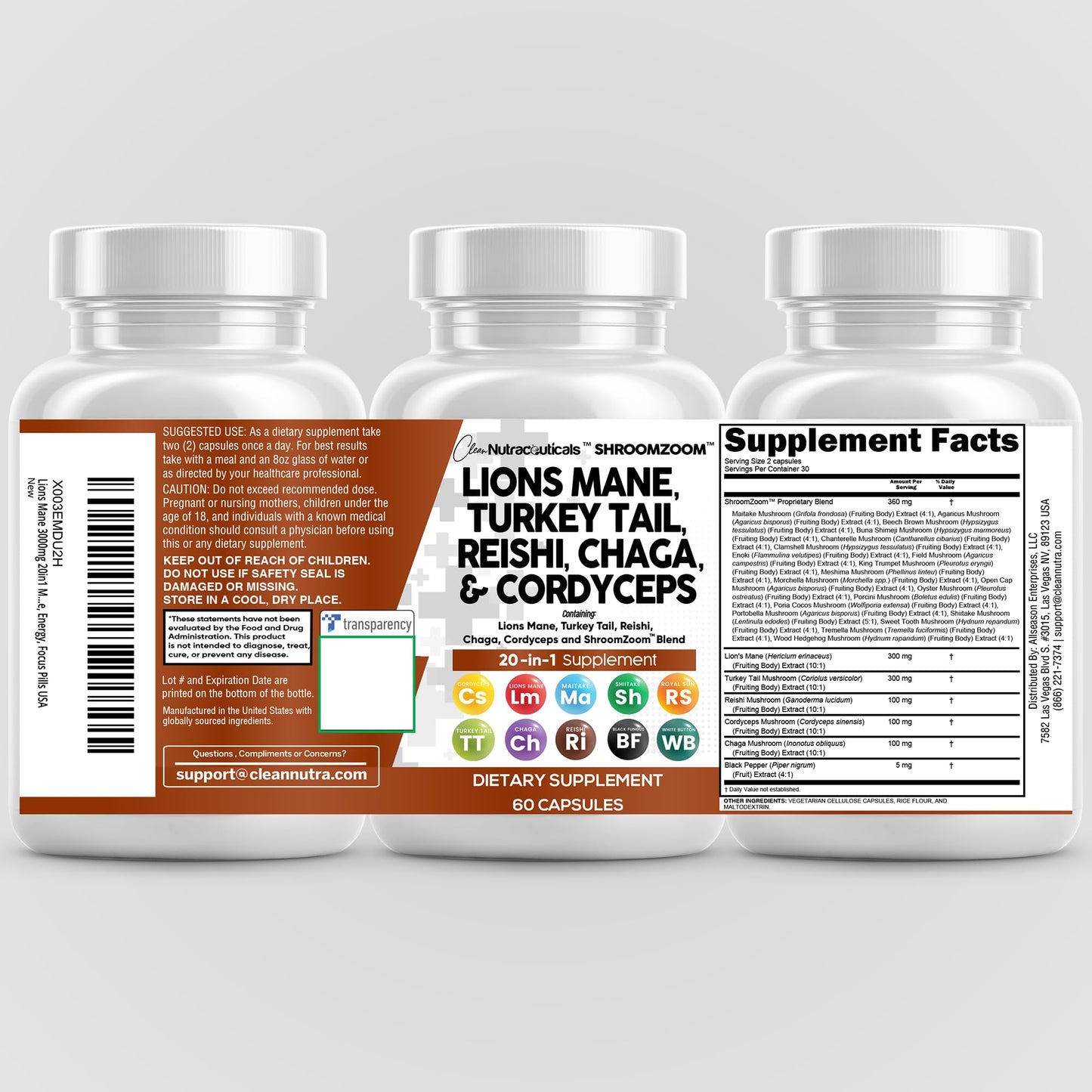 Clean Nutraceuticals 20-in-1 Mushroom Supplement โ Lions Mane, Turkey Tail & More (1 Pack)